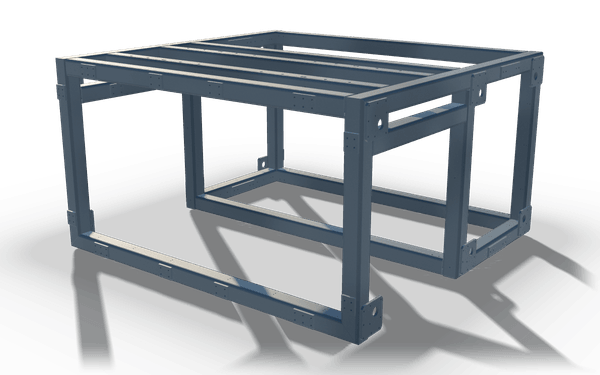 Open cube frame, 1.7 m, in raw steel: an open box of rectangular tube with four parallel rails across the top, a ring of rails near the floor and bolted corner plates.