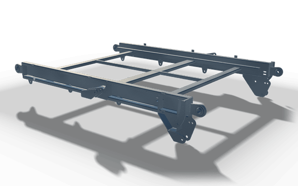 Centre frame with pivot brackets, 2.1 m, in raw steel: two long box rails with ring lugs at their ends, joined by cross tubes into a grid, with plated pivot brackets hanging below one end.