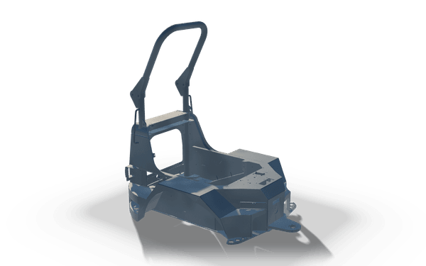 Rear chassis weldment, 2.3 m, in raw steel: a curved guard hoop over a plated floor, with mounting eyes on the side plates.