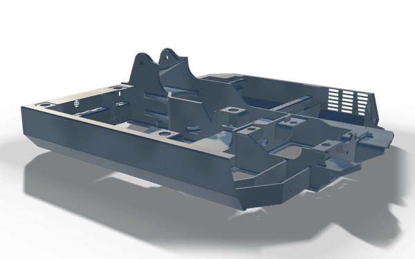 Welded chassis, 2.3 m, in raw steel: a plated chassis tub lying flat, with a boom bracket standing at its centre, cross walls and a slotted vent panel in one corner.