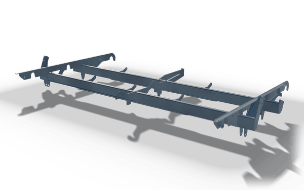 Ladder frame with side brackets, 3.8 m, in raw steel: two long rails with cross tubes between them, hook ended brackets along both sides and a plated end beam with hanging lugs.