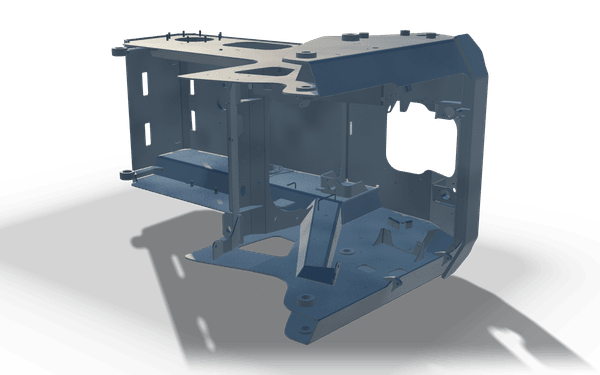 Welded chassis housing, 2.7 m, in raw steel: a top deck plate with round cut-outs over slotted side walls, a floor plate with a mounting lug and a large opening in one end wall.