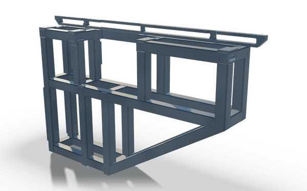 Cage frame unit, 2.1 m, in raw steel: an upright two tier frame of square tube with a slim rail on stand-offs along the top and a diagonal member closing the lower corner.