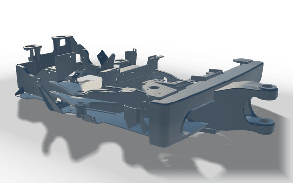 Welded chassis, left-hand, in raw steel: a low undercarriage frame with pivot lugs at both ends and cross members between the rails.