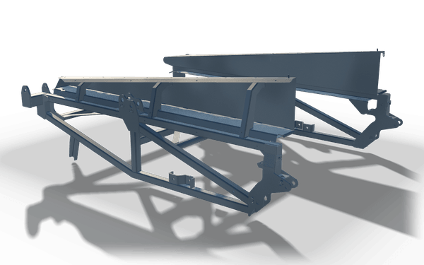 Braced frame with side panels, 2.2 m, in raw steel: two sloping side panels with folded top edges, each carried on a triangulated tube brace with pivot lugs at the ends.