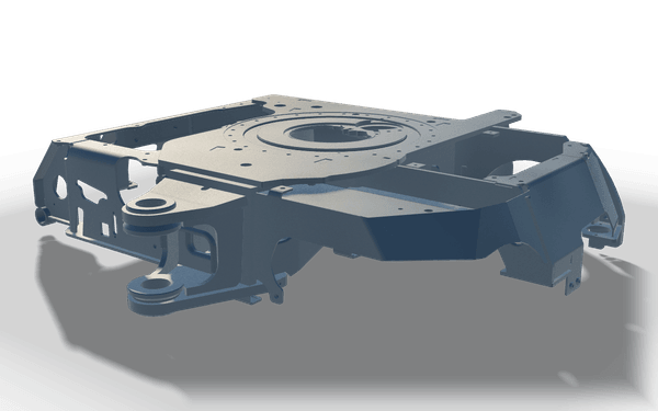 Undercarriage centre frame with slew ring seat, 1.6 m, in raw steel: a low plated box with a machined ring seat on top, tapered side boxes and pivot lugs at the front.