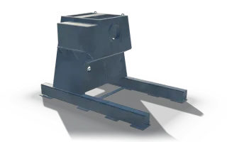 Reel stand weldment, 3.5 m, in raw steel: a plated tower in two stacked box sections with a large round bore, standing on two long beam feet joined by cross bars.