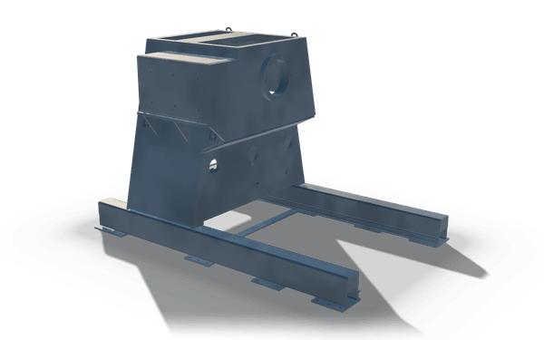 Reel stand weldment, 3.5 m, in raw steel: a plated tower in two stacked box sections with a large round bore, standing on two long beam feet joined by cross bars.