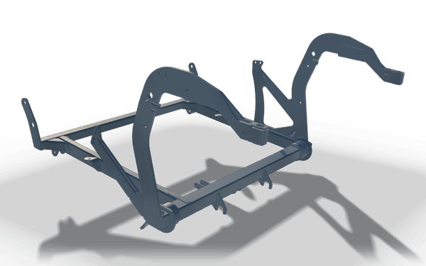 Frame with curved arms, 1.8 m, in raw steel: a rectangular tube frame lying on the floor, with curved tube arms rising from it, a braced pair at one end and small lugs along the rails.