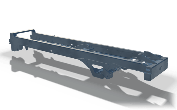 Ladder chassis frame, 5.6 m, in raw steel: two long rails joined by cross members, with a dropped bracket assembly under the middle and a boxed section at each end.
