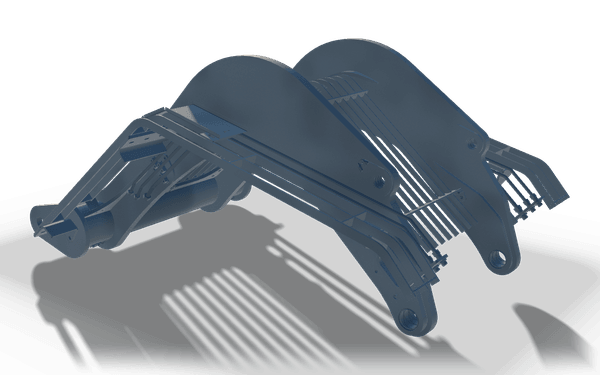 Lift frame with guard grille, 3.3 m, in raw steel: a kinked frame of curved cheek plates with rows of grille bars between them, pivot lugs at the ends and a cylinder along one arm.