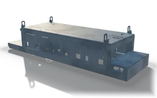 Welded machine frame, 5.5 m, in raw steel: a low plated box with a deck plate, cut-outs in the side walls and four lifting lugs.