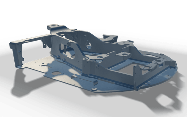 Upper carriage frame, 1.9 m, in raw steel: a drilled floor plate with a rounded tail carrying two long webs, cross plates, mounting pads and a pivot boss at the front.