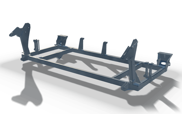 Frame with hook brackets, 4 m, in raw steel: a rectangular box section frame lying on the floor, with plated corner brackets and rows of hook lugs standing up from its long sides.