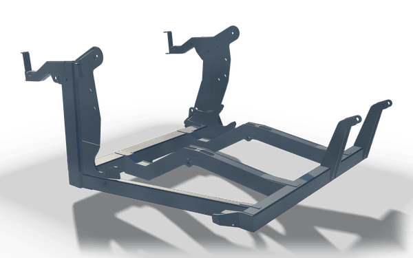 Base frame with two upright arms, 2.1 m, in raw steel: a rectangular tube frame lying flat, with two cranked plate arms rising from one end and a pair of short lugs at the other.