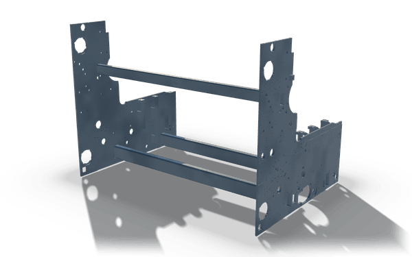 Side frame pair with tie bars, 3.1 m, in raw steel: two upright side plates with many bores and a stepped outline, held apart by three long tie bars.