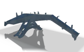 Portal frame weldment, 6.4 m, in raw steel: a box section arch with a flat crown and two sloping arms, small brackets along its top and a linkage frame under one arm.
