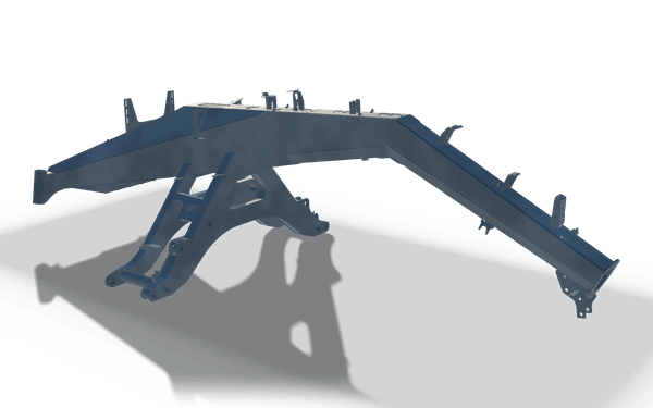 Portal frame weldment, 6.4 m, in raw steel: a box section arch with a flat crown and two sloping arms, small brackets along its top and a linkage frame under one arm.