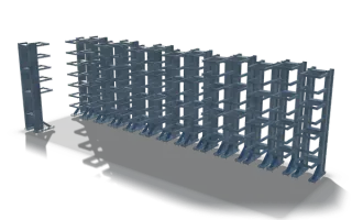 Storage rack system, 19 m run, in raw steel: a row of welded columns with cantilever arms, one column standing apart from the run.