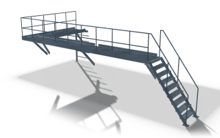 Walkway platform with stairs and railings, 9 m, in raw steel: a long grating walkway with handrails, carried on raking props, with a wider landing at one end and a stair with handrails at the other.