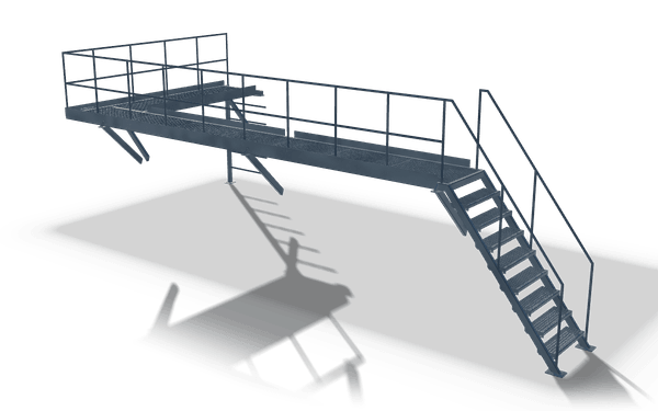 Walkway platform with stairs and railings, 9 m, in raw steel: a long grating walkway with handrails, carried on raking props, with a wider landing at one end and a stair with handrails at the other.
