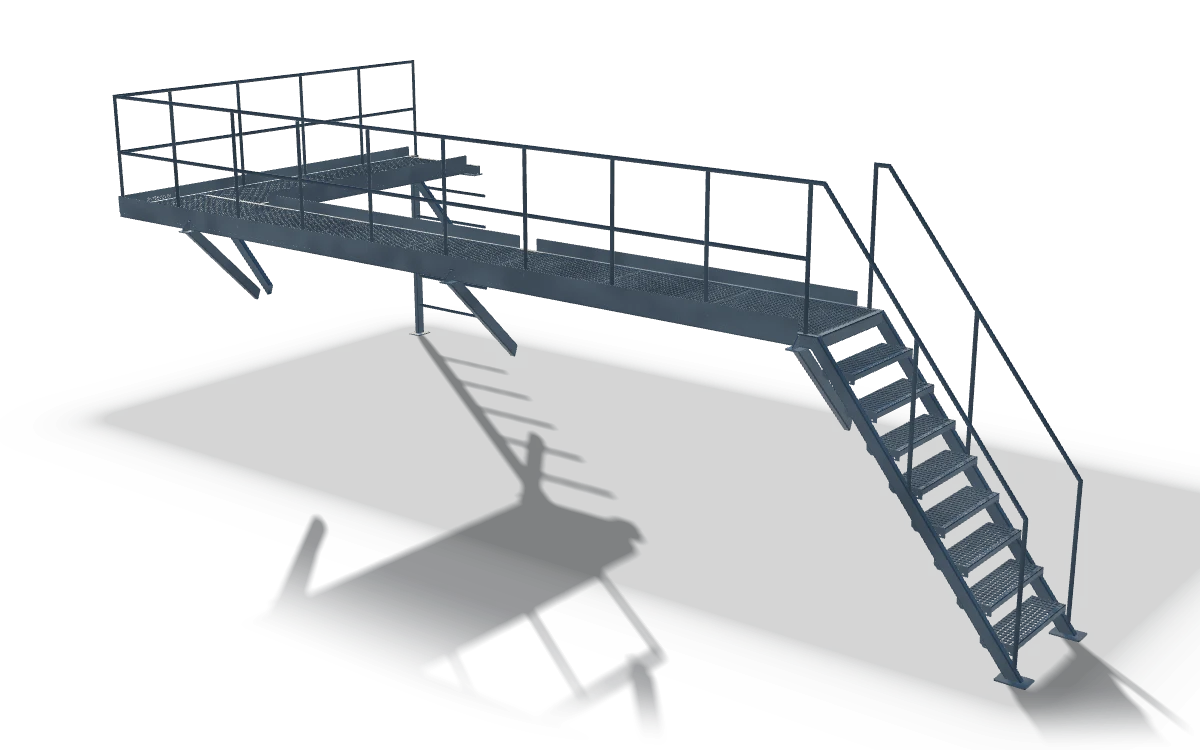 Walkway platform with stairs and railings, 9 m, in raw steel: a long grating walkway with handrails, carried on raking props, with a wider landing at one end and a stair with handrails at the other.