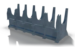 Support stand row with saddles, 5.3 m, in raw steel: a row of plate stands with deep rounded saddles between tall slotted uprights, on a common base rail with foot plates.