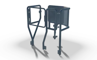 Handrail and guard rail set, in raw steel: bent tube hoops with a mesh guard panel and post feet.