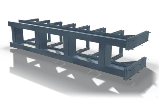 Rack bay, 6 m, in raw steel: two long beams on upright posts carrying a row of cantilever arms.