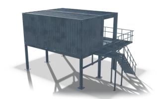 Raised container on posts with landing and stairs, 9.2 m, in raw steel: a corrugated container body standing on tall posts with base plates, with a railed grating landing at its open end and a stair down to the floor.