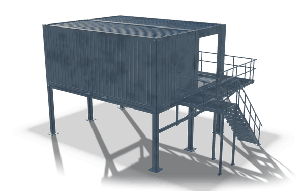 Raised container on posts with landing and stairs, 9.2 m, in raw steel: a corrugated container body standing on tall posts with base plates, with a railed grating landing at its open end and a stair down to the floor.