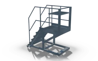 Stair unit with platform, 2.1 m, in raw steel: a short grating stair up to a grating platform with handrails and a raised shelf, on a base frame of hollow sections with castors at one end.
