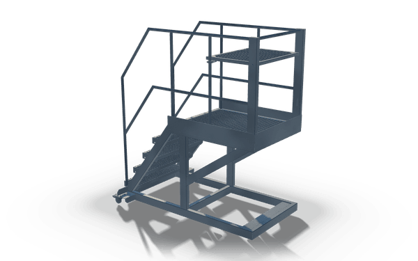 Stair unit with platform, 2.1 m, in raw steel: a short grating stair up to a grating platform with handrails and a raised shelf, on a base frame of hollow sections with castors at one end.