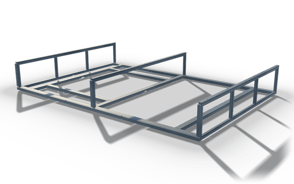 Platform frame with guard rails, 3.2 m, in raw steel: a flat rectangular frame of hollow sections with three low guard rail panels standing on it, one at each end and one across the middle.