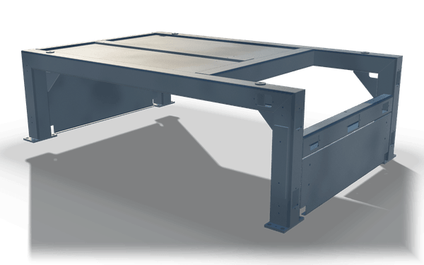 Top crossbeam, 2.75 m, in raw steel: a plated beam with a flat top deck on two plated legs.
