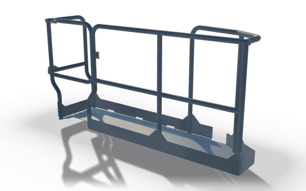 Service platform with tubular guard rail, 2.4 m, in raw steel: a narrow folded plate platform with a bent tube guard rail along one side and a hooped gate section at one end.