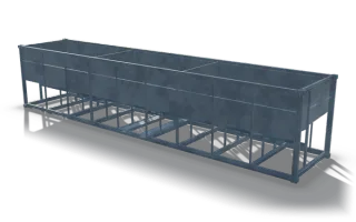 Triple hopper unit in container frame, 12.2 m, in raw steel: three plated hoppers in a row inside a long container frame with corner castings, above a floor grid of hollow sections with rows of short posts.