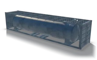 Cylindrical tank in container frame, 12.2 m, in raw steel: a long cylindrical tank on saddles inside a container frame with roof bows and corrugated end walls, shown without its roof sheets and one side wall so the tank can be seen.