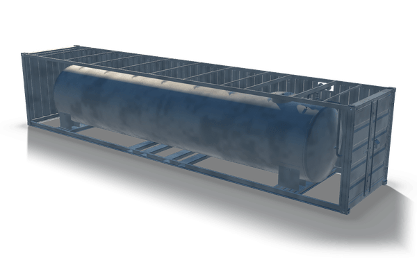 Cylindrical tank in container frame, 12.2 m, in raw steel: a long cylindrical tank on saddles inside a container frame with roof bows and corrugated end walls, shown without its roof sheets and one side wall so the tank can be seen.