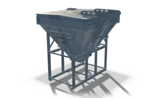 Silo body in support frame, 4.9 m, in raw steel: a square silo body with a pyramid cone set in a frame of hollow sections on four legs, with a cover plate and a hooped ladder head on top.