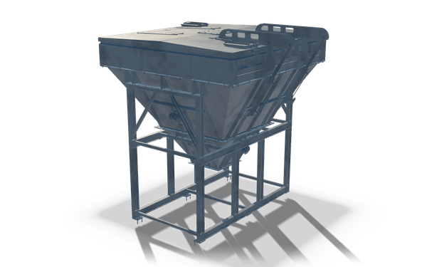 Silo body in support frame, 4.9 m, in raw steel: a square silo body with a pyramid cone set in a frame of hollow sections on four legs, with a cover plate and a hooped ladder head on top.