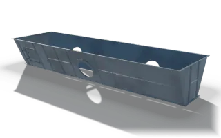 Trough hopper with stiffening ribs, 4.7 m, in raw steel: a long open trough with sloped side walls stiffened by upright ribs, round ports in both side walls and an inspection door near one end.