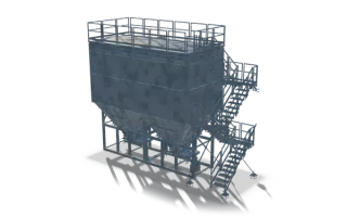 Silo with support structure, platform and stairs, 10.9 m, in raw steel: a plated silo body with two outlet cones on a braced support frame, with a railed roof platform and a stair tower with landings at one end.