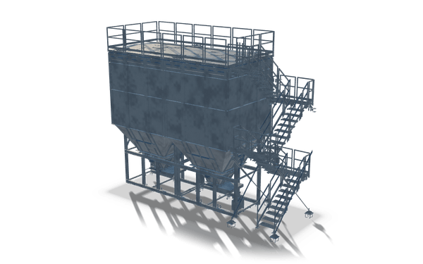 Silo with support structure, platform and stairs, 10.9 m, in raw steel: a plated silo body with two outlet cones on a braced support frame, with a railed roof platform and a stair tower with landings at one end.