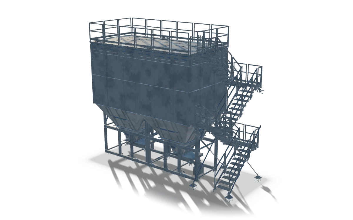 Silo with support structure, platform and stairs, 10.9 m, in raw steel: a plated silo body with two outlet cones on a braced support frame, with a railed roof platform and a stair tower with landings at one end.