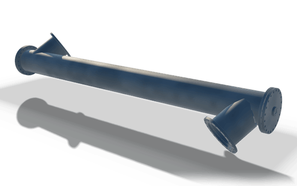 Screw conveyor tube with flanged branches, 6.4 m, in raw steel: a long round tube with a bolted flange at each end, a square flanged inlet branch at one end and a round flanged outlet branch at the other.