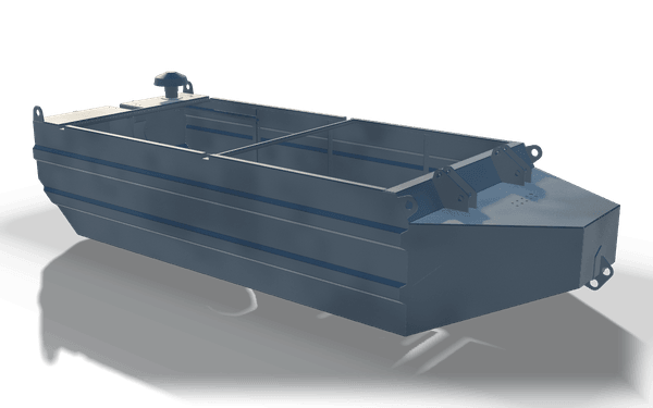Welded pontoon hull, 4.2 m, in raw steel: an open hull with a raked bow, rubbing strakes along the sides, a centre bulkhead, lifting eyes at the corners and a bollard on the stern deck.