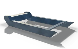 Feed hopper, 4.9 m, in raw steel: a low open trough with sloped end walls and cross members under the floor.