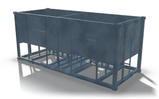 Twin hopper unit in container frame, 6.1 m, in raw steel: two plated hoppers side by side in a container frame with corner castings, standing on a floor grid of hollow sections with rows of short posts.